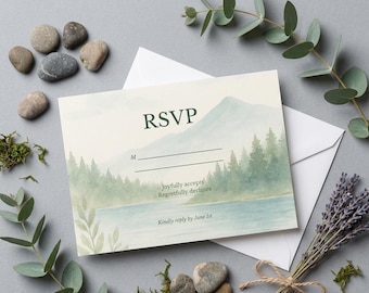 Mountain Lake Wedding RSVP Card Canva Template, Rustic Woodland Response Enclosure, Forest Nature Reply, Instant Download