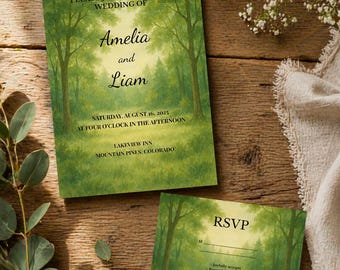 Enchanted Forest Wedding Invitation RSVP Bundle Canva Template, Magical Woodland Printable Set, Instant Download