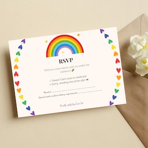 Cartão de Confirmação de Casamento LGBTQ+ com Corações de Arco-Íris, Modelo Inclusivo e Editável do Canva, Resposta para Casamento Gay, Lésbica e Homossexual, Download Digital