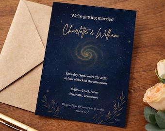 Celestial Wedding Invitation Canva Template, Starry Night Galaxy Printable Invite, Instant Download