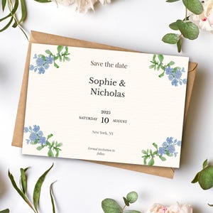 Forget Me Not Save the Date, modèle de toile modifiable Floral bleu, invitation de mariage minimaliste, téléchargement numérique 5 x 7