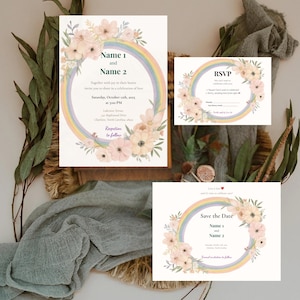 Conjunto de convites de casamento LGBTQ+ com estampa floral arco-íris, modelo inclusivo e editável do Canva, pacote para casamento gay e lésbico, download digital