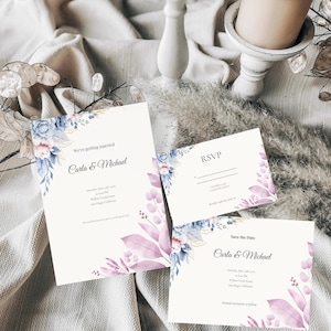 Conjunto de invitaciones de boda con flores pastel, plantilla editable de Canva con acuarela azul y rosa, elegante paquete de invitación para guardar la fecha y confirmar asistencia, descarga digital