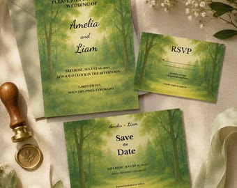 Enchanted Forest Wedding Suite Canva Template, Magical Woodland Printable Set 3 Pieces, Instant Download