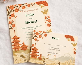 Japanische Hochzeitseinladungen mit Antwortmöglichkeit (RSVP-Set), Kirschblüten-Canva-Vorlage, sofort zum Ausdrucken
