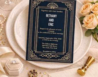 Puede incluir: Una tarjeta de invitación de boda azul marino con bordes geométricos dorados de estilo art déco y el texto Bethany and Eric, together with their families, request the pleasure of your company at the celebration of their marriage, 27 de septiembre de 2025.