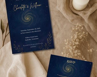 Celestial Wedding Invitation RSVP Bundle Canva Template, Moon Stars Navy Gold Printable Set, Instant Download