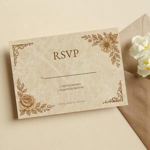 Tarjeta de confirmación de asistencia para boda con flores vintage, plantilla rústica editable en Canva, flores clásicas sepia, descarga digital (5 x 3,5)