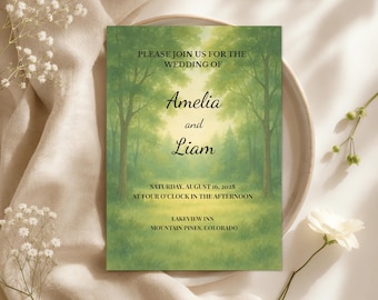 Convite de casamento na floresta em Canva, modelo para imprimir, tema vegetação exuberante, download instantâneo.