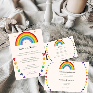 Conjunto de convites de casamento LGBTQ+ com corações de arco-íris, modelo inclusivo e editável do Canva, pacote de casamento gay, lésbico e homossexual, download digital