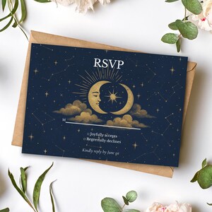 Cartão de RSVP com Estrelas Celestiais da Lua, Modelo Místico Editável do Canva, Casamento no Céu Noturno, Download Digital 5x3,5