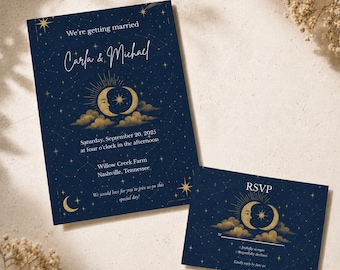 Celestial Wedding Invitation RSVP Bundle Canva Template, Moon Stars Printable Set, Instant Download