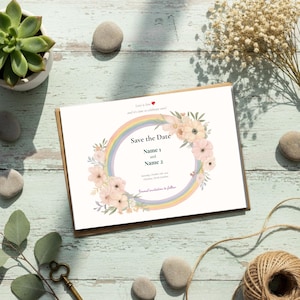 LGBTQ Save the Date, Rainbow Floral Canva Template, Same Sex Printable Instant Download