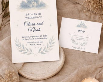 Märchenschloss Hochzeitseinladung Antwortkarte Canva Vorlage, Magisches Printable Bundle, Sofort Download
