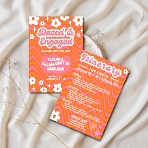 May include: Two retro-style invitations with orange and pink wavy patterns and white flower accents. The top invitation reads "Dazed & Engaged" and the bottom one says "Itinerary". The invitations are for a bachelorette weekend in Miami, FL.