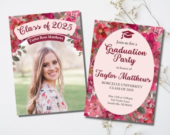Plantilla de invitación de graduación con flores bohemias / Invitación digital editable para fiesta de graduación / Anuncio de graduación con flores silvestres rosas