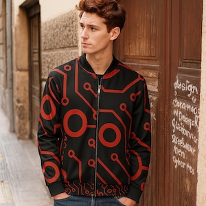 Techwear Cyberpunk Jacket – Luxury Red Circuit Bomber for Streetwear Enthusiasts