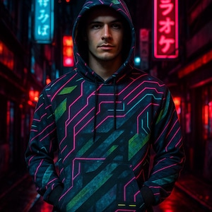 Cyberpunk Neon Techwear Hoodie – Futuristic All Over Print Streetwear