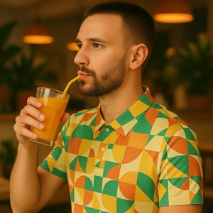 Geometric Retro Polo Shirt: Coral Teal Mustard Mid-Century Modern Print