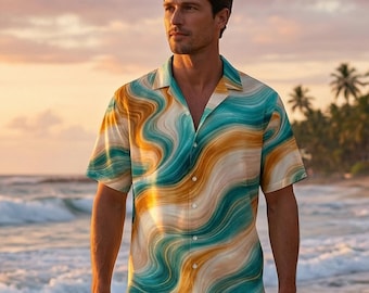 Men's Abstract Marble Flow Button Down Shirt – Resort Beach Summer Wear