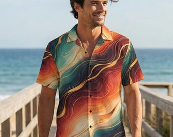 Men's Abstract Marble Flow Button Down Shirt – Resort Vacation Topographic Print