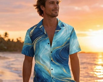 Men's Blue Gold Marble Shirt, Abstract Ocean Button Up, Resort Beach Outfit