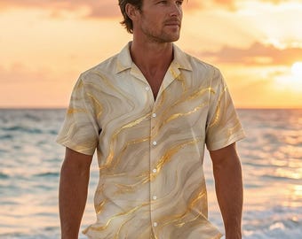 Men's Cream Gold Marble Flow Resort Shirt – Summer Beach Vacation Outfit
