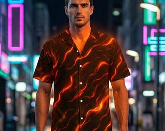 Abstract Fire Flow Button Shirt, Black Orange AOP Summer Party Streetwear Flame Pattern