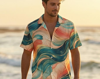 Men's Abstract Teal Coral Beach Shirt – Resort Wear Summer Button Up