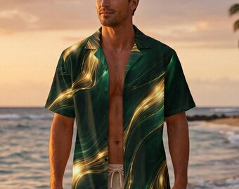 Luxury Resort Shirt Men Emerald Gold Flow Button Down