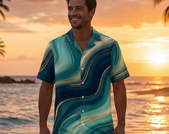 Men's Teal Marble Flow Button Up Shirt, Ocean Wave Pattern Resort Wear