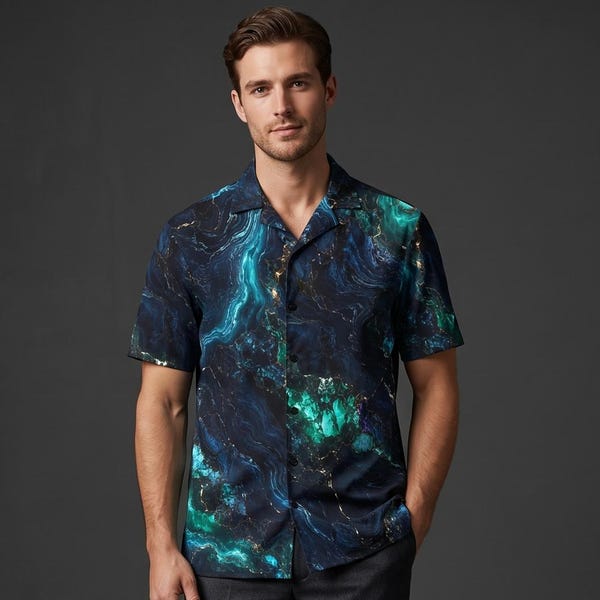 Abstract Marble Print Button-Up Shirt – Ocean Wave Vacation Resort Wear