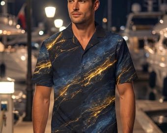 Luxury Abstract Blue Gold Button Shirt