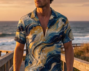 Azure Gilded Flow Abstract Button Shirt