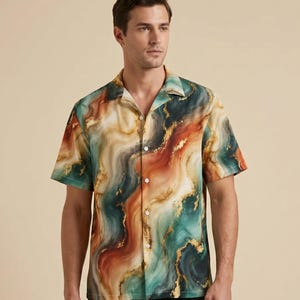 Smaragd Rost Marmor Hawaiihemd, Luxuriöser Gold Flow Abstrakter Druck