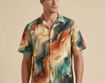 Emerald Rust Marble Hawaiian Shirt, Luxury Gold Flow Abstract Print