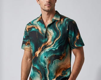 Men's Abstract Marble Flow Hawaiian Shirt – Teal Copper Resort Wear