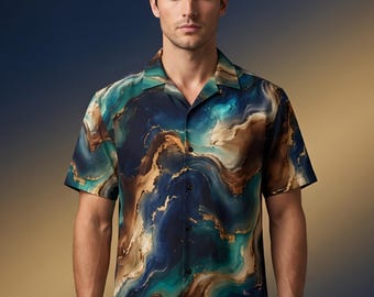 Men's Abstract Marble Print Button-Up Shirt, Blue Gold Vacation Beach Resort Wear