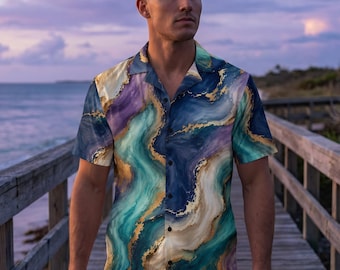 Amethyst Ocean Marble Shirt, Teal Gold Flow Resort Wear, Luxury Abstract Vacation Button-Up