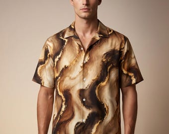 Men's Brown Marble Hawaiian Shirt, Abstract Cotton Poplin Button Up, Summer Beach Resort Wear