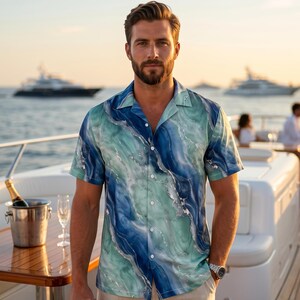 Blaues Mint Marmor Button Up Shirt Luxus Ocean Wave Resort Wear für Männer