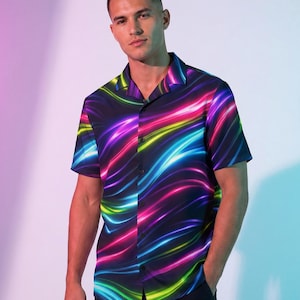 Camisa abotonada Neon Flow – Conjunto psicodélico para fiestas rave, prenda de verano para hombre