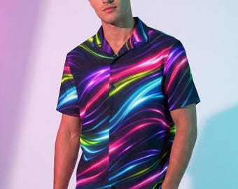 Neon Flow Button Up Shirt – Psychedelic Rave Outfit, Mens Summer Party Top