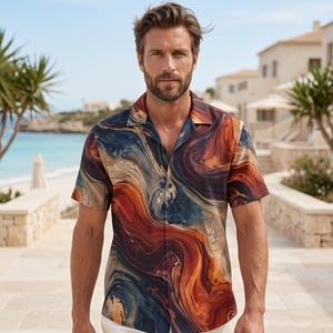 Men's Abstract Flow Print Button Down Shirt, Orange Navy Marble Style, Resort Wear