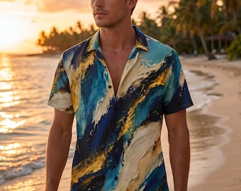 Men's Abstract Brushstroke Hawaiian Shirt – Blue Gold Resort Wear