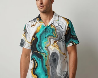 Bioluminescent Abstract Button Down Shirt | Men's Luxury Resort Wear | Unique Festival Gift for Him