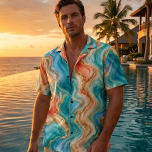Camisa de playa para hombre con botones, estampado abstracto de mármol coral y verde azulado, ideal para vacaciones.