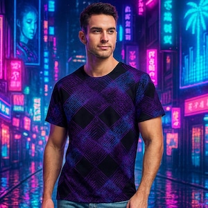 Retro Futuristic Cyberpunk Grid Shirt – Neon Techwear Festival Streetwear Tee