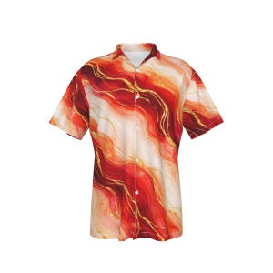 Camicia Abstract Marble Flow: rossa e oro, ideale per il tempo libero, con bottoni.