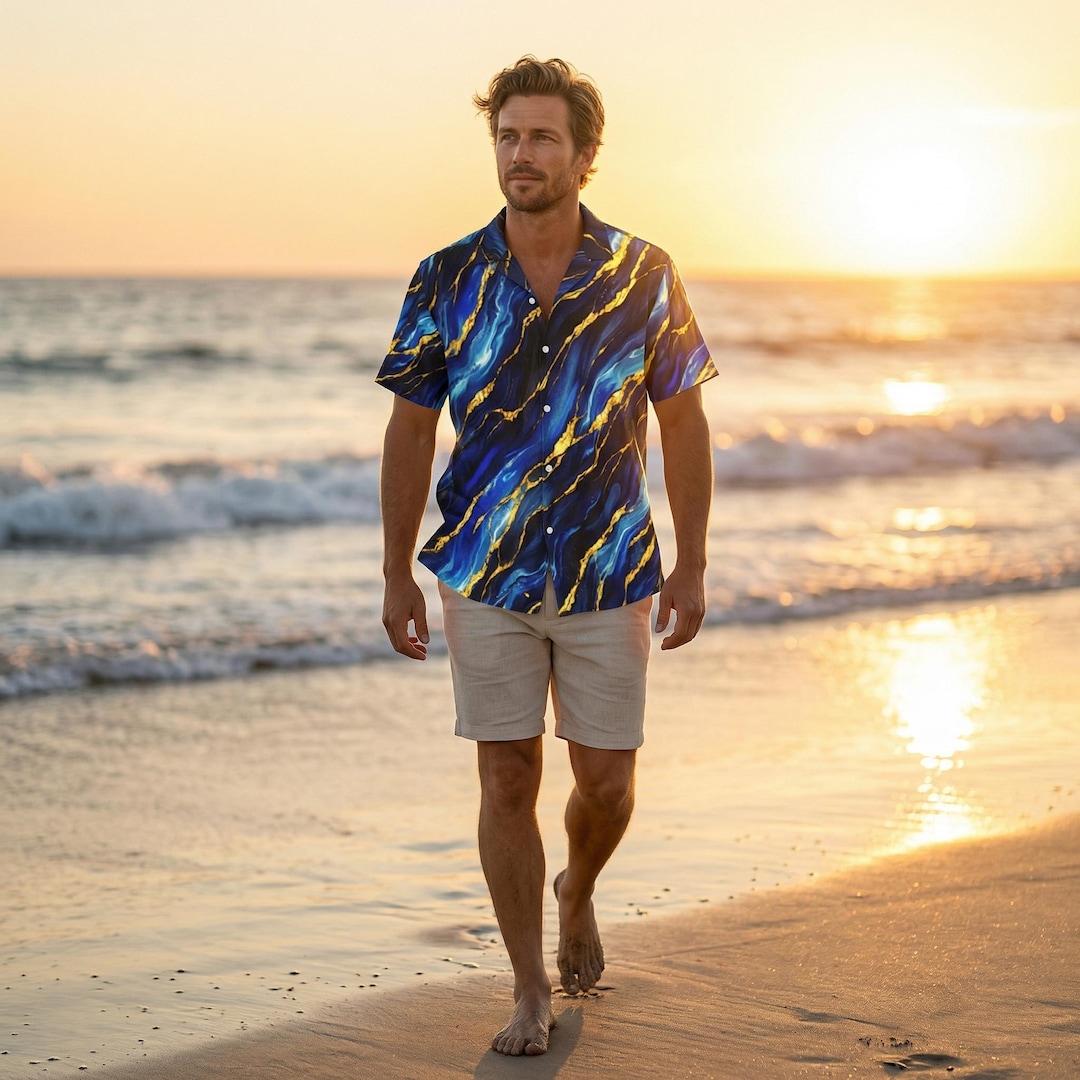 Blue Gold Marble Button up Shirt, Abstract Sapphire Vein Resort Wear - Etsy